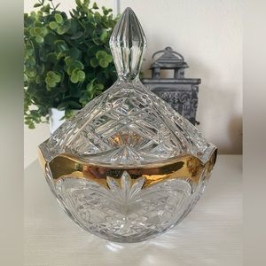 Anna Hutte Bleikristall Lead Germany Crystal Dish with lid Gold Trim Candy Dish